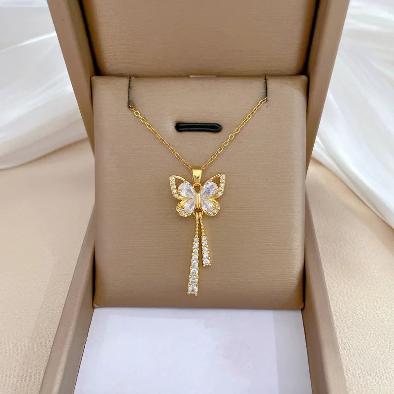 Collar De Mariposa Dainty Jewelry 18K Gold Plated Stainless Steel Cat Eye Stone Clear Cubic Zircon Butterfly Pendant Necklace