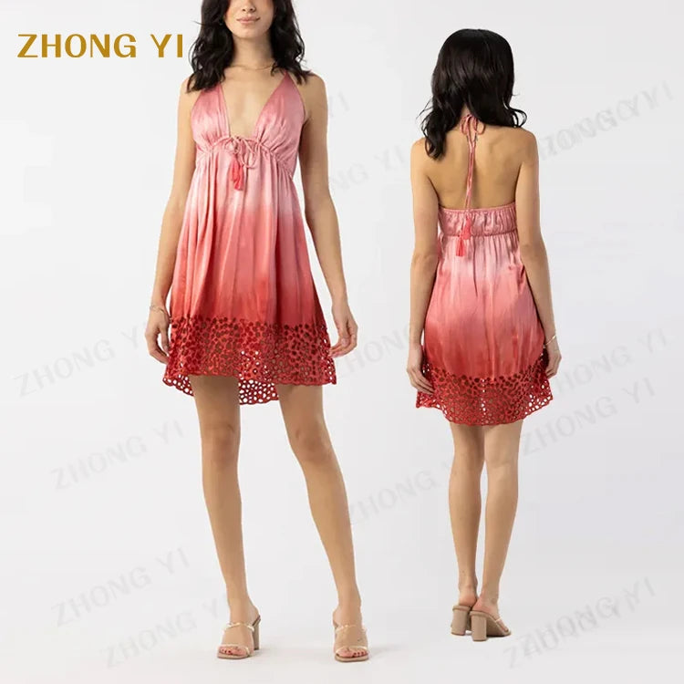 Clothing Design Service Manufacturers Custom Women Summer Halter Straps Strapless Sexy Mini Cotton Print Beach Casual Dress