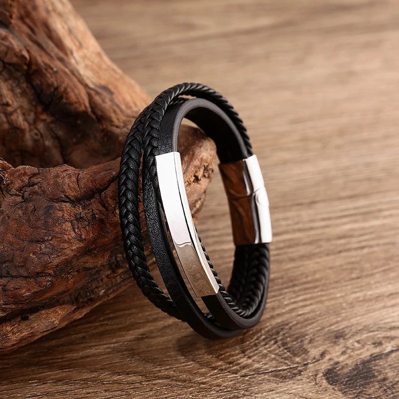 Handmade Simple Design Man Leather Braided Bracelet Custom Engraved Name Date Men Bracelet
