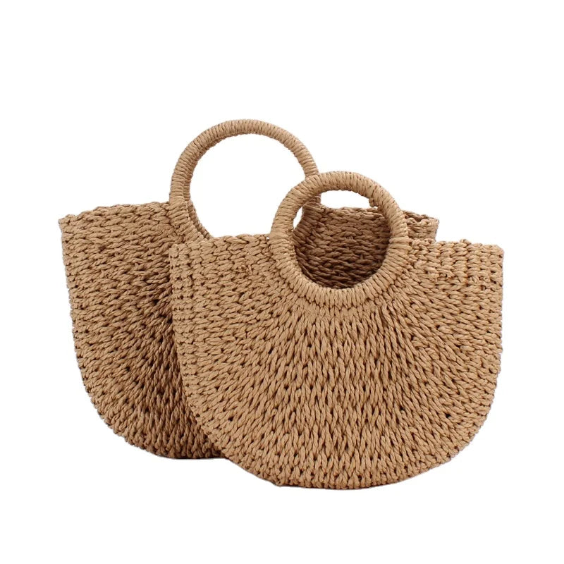 Hand-woven Paper Straw Large Bags Women Round Handle Ring Tote Retro Summer Bali Beach Rattan Bag