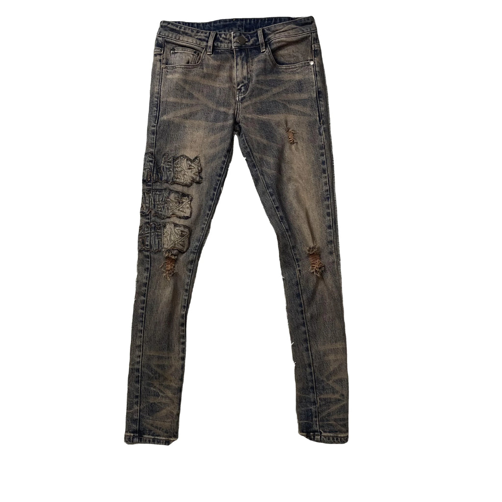 DENIMGUYS Men's Y2k Ripped Denim for Men Slim Skinny Stretchy Jeans Streetwear Pants Mens Embroidery Patch Distressing Jeans