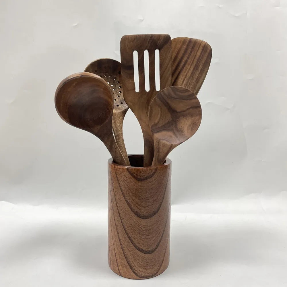 LNJZ01 6pcs Pack Kitchen Utensils Set with Holders Cooking Equipment Gadgets Durable Non Stick Natural Teak Wood Kitchen Tools