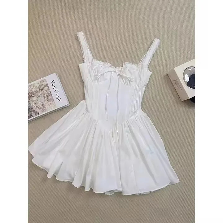 Square Neck Party Tunic Korean Preppy Evening Spaghetti Strap Solid Color Frocks Dress Summer Mori Girl Women Bow A-Line Dress