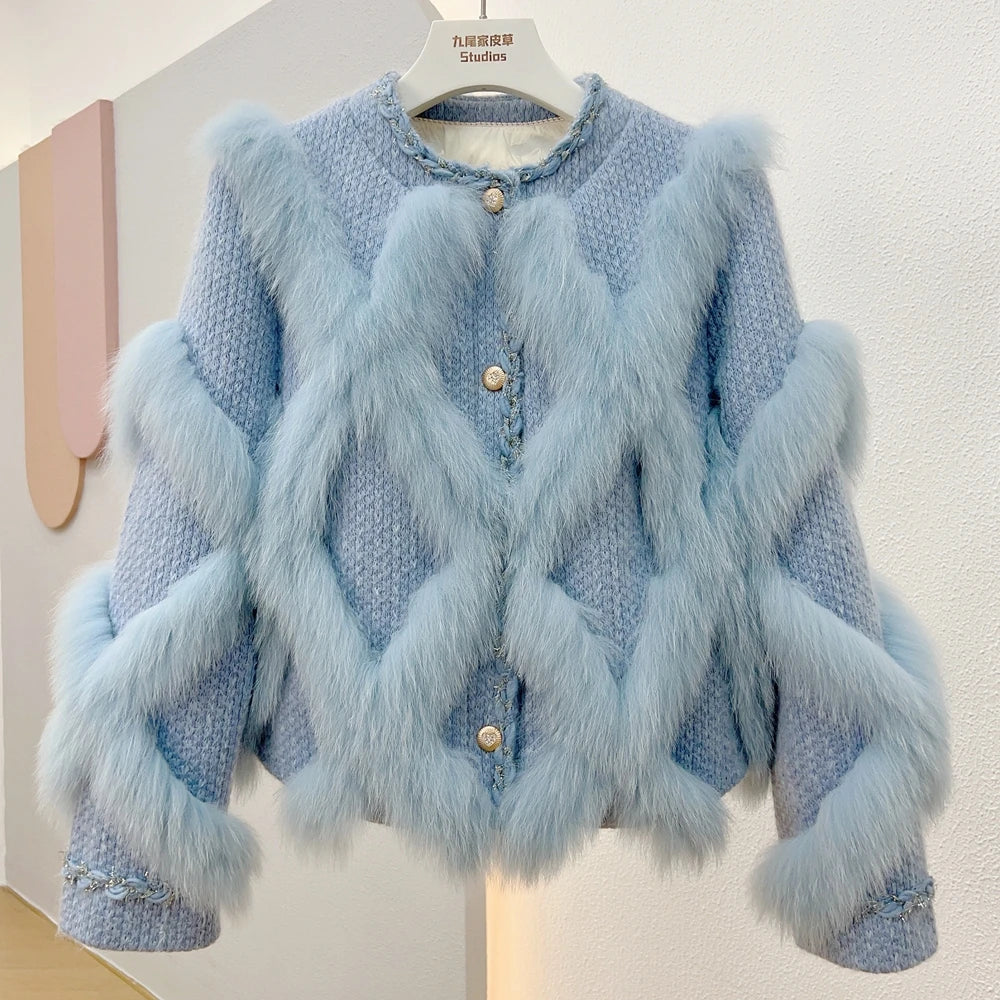 Oftbuy 2023 Autumn Winter Collection Elegant Youthful Long Coat Real Fox Fur Small Incense Short Blend Splicing Knitted New
