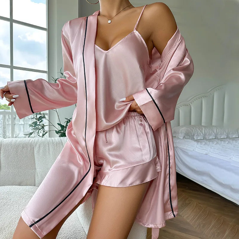 High Quality 3 Piece Satin Pajama Set Solid Pattern Sleepwear Camisole Set
