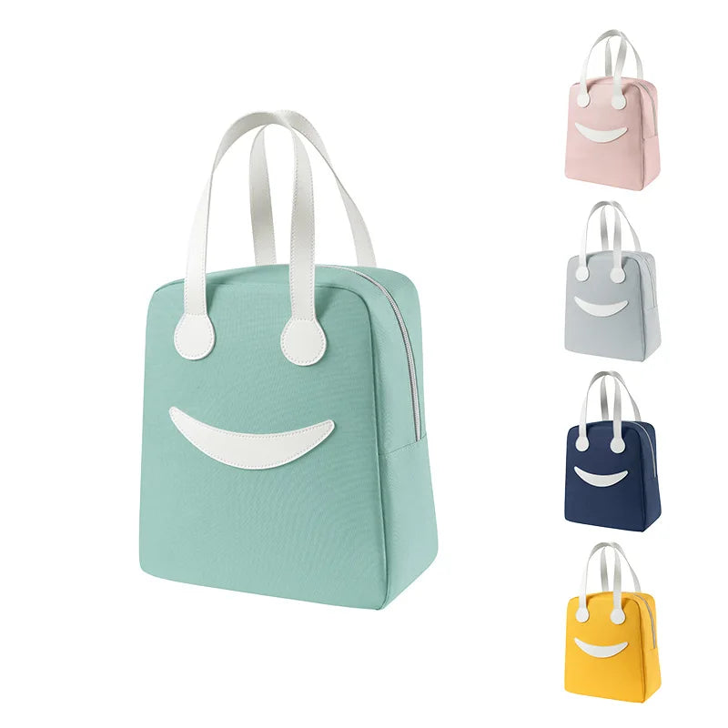 New Style Cute Portable Polyester Lunch Bags for Women for Outdoor Picnics and Students Smiling Design for Cool Storage