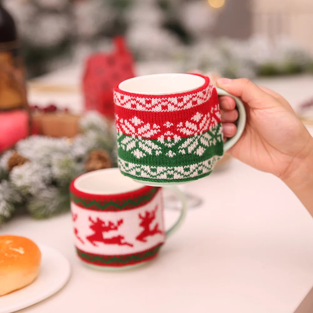 Y-Z Jacquard Knit Cup Holder Sleeve Cozy Crochet Mug Cover for Christmas for Coffee Mugs Warm Beverages Great for Giveaways