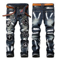American StreetStyle Hip Hop Embroidered Ripped Washed Jeans Men's Badge Hand-painted Trend Pleated Stitching Motorcycle Long