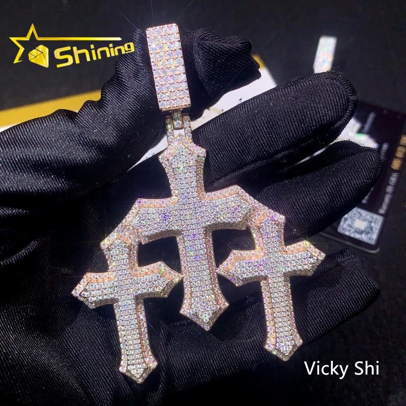 Shining Moissanite Hip Hop Pendant Full Diamond 925 Sterling Silver Moissanite Three Cross Style Pendant Necklace
