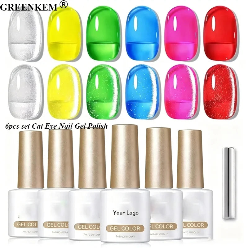 New 6-color Fluorescent Ice Transparent Nail Gel Polish Set Glass Cat Eye Rainbow Crystal Ice Jelly 7ml Nail Gel Polish