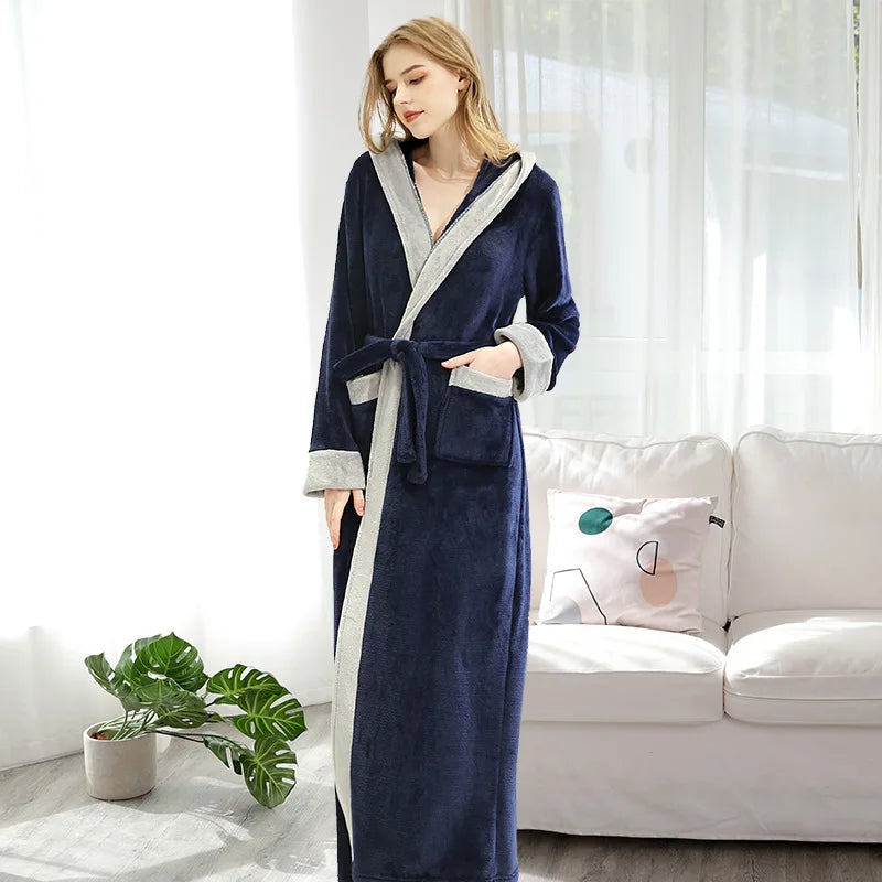 Long Hooded Fleece Bathrobe Autumn Winter Elegant Soft Breathable Women's Floor Length Luxury Nightgown Home Wear