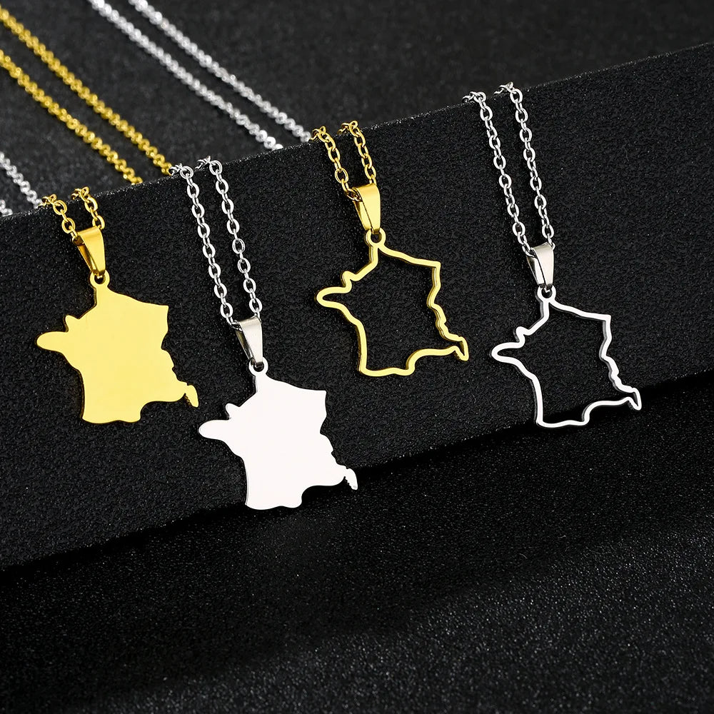 Manufacturer Enameled France Map Chain Necklaces Stainless Steel 18K Gold Plated Enamel French Flag Map Pendant Necklace