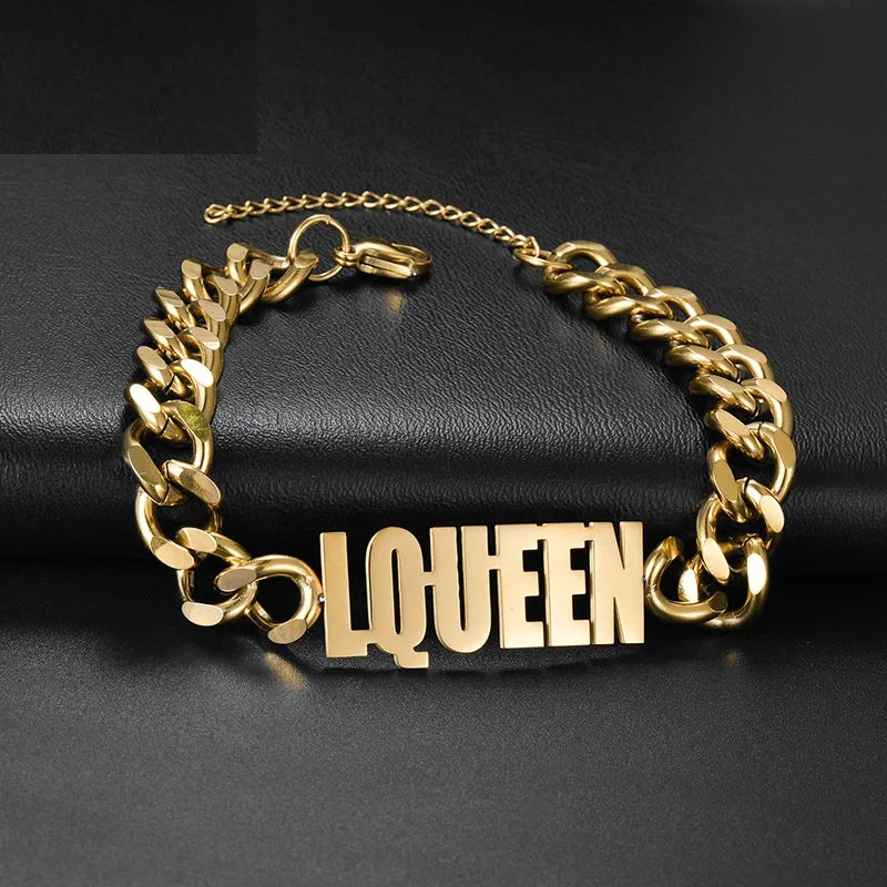 Tarnish-Free 18K Vacuum Gold Plated Stainless Steel Custom Bold Letter Cuban Link Bracelet for Men Father's Day Gift