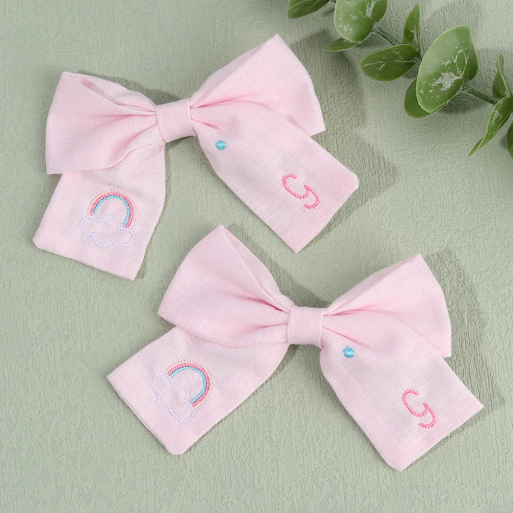 CN 2Pcs Lovely Fabric Barrette Hair Bow with Embroidered Rainbow Hairpins for Girls Pastel Bow Hair Clip Kid