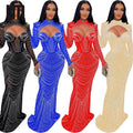 Liu Ming Cheap Wholesale Elegant Autumn Winter Women Party Club Mesh Rhinestone Gown Evening Maxi Dress
