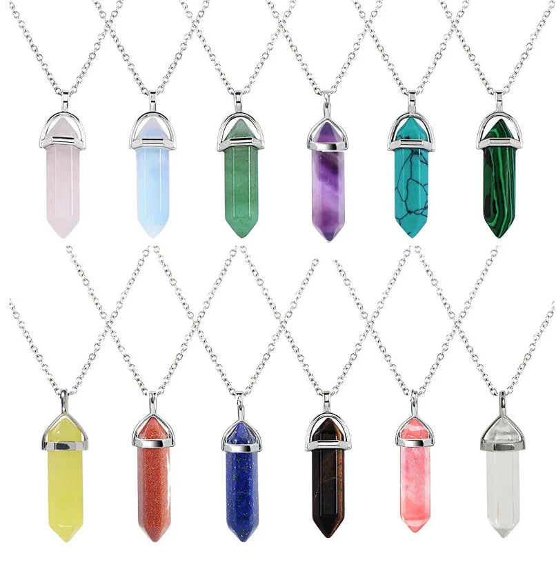 Hot Sale Healing Point Tiger Eyes Rose Crystal Quartz Green Aventurine Obsidian Jade  Pendant Link Chain Necklace