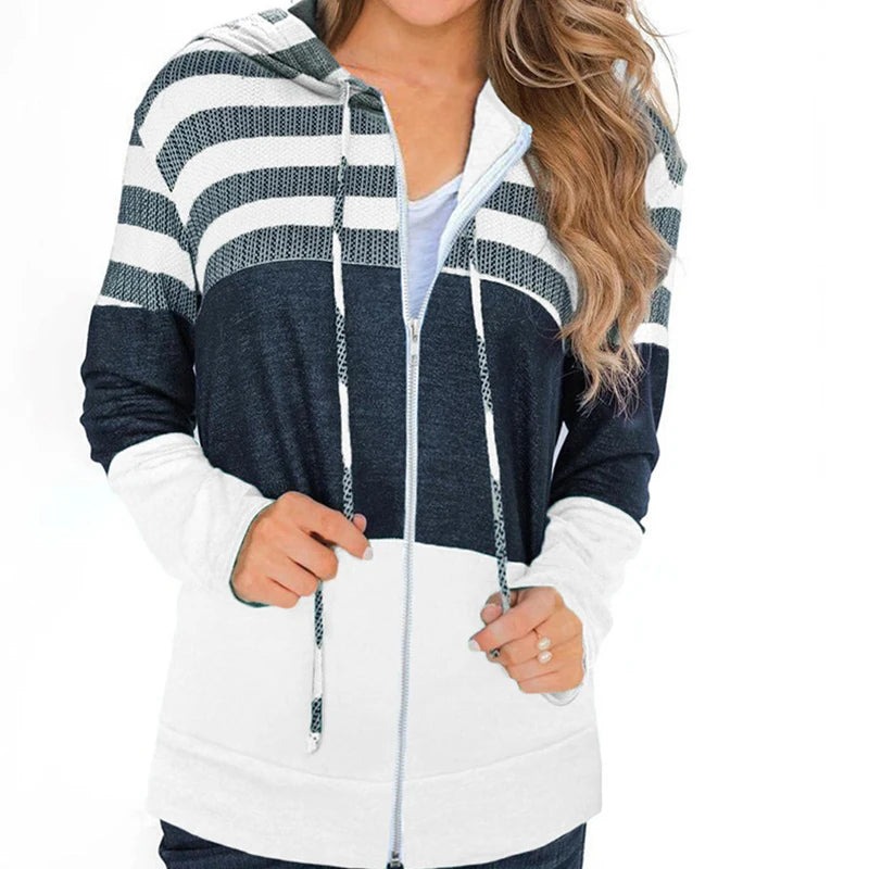 Fitspi Fashion Women Comfy Stripe Hoodie Long Sleeves Zipper Hoodie Wholesale Stripe Zipper Hoodie