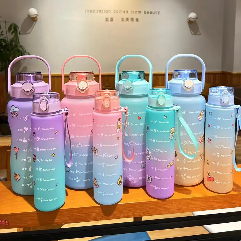 New Style 2pcs 2L Half Gallon Motivational Gym Sports Fitness Water Bottle Set with Time Marker and Straw