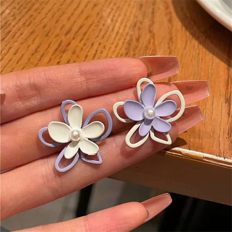 Blumenkette Flower Earrings Women 925 Silver Needle Trendy Pendientes Purple Flower Pearl Earrings