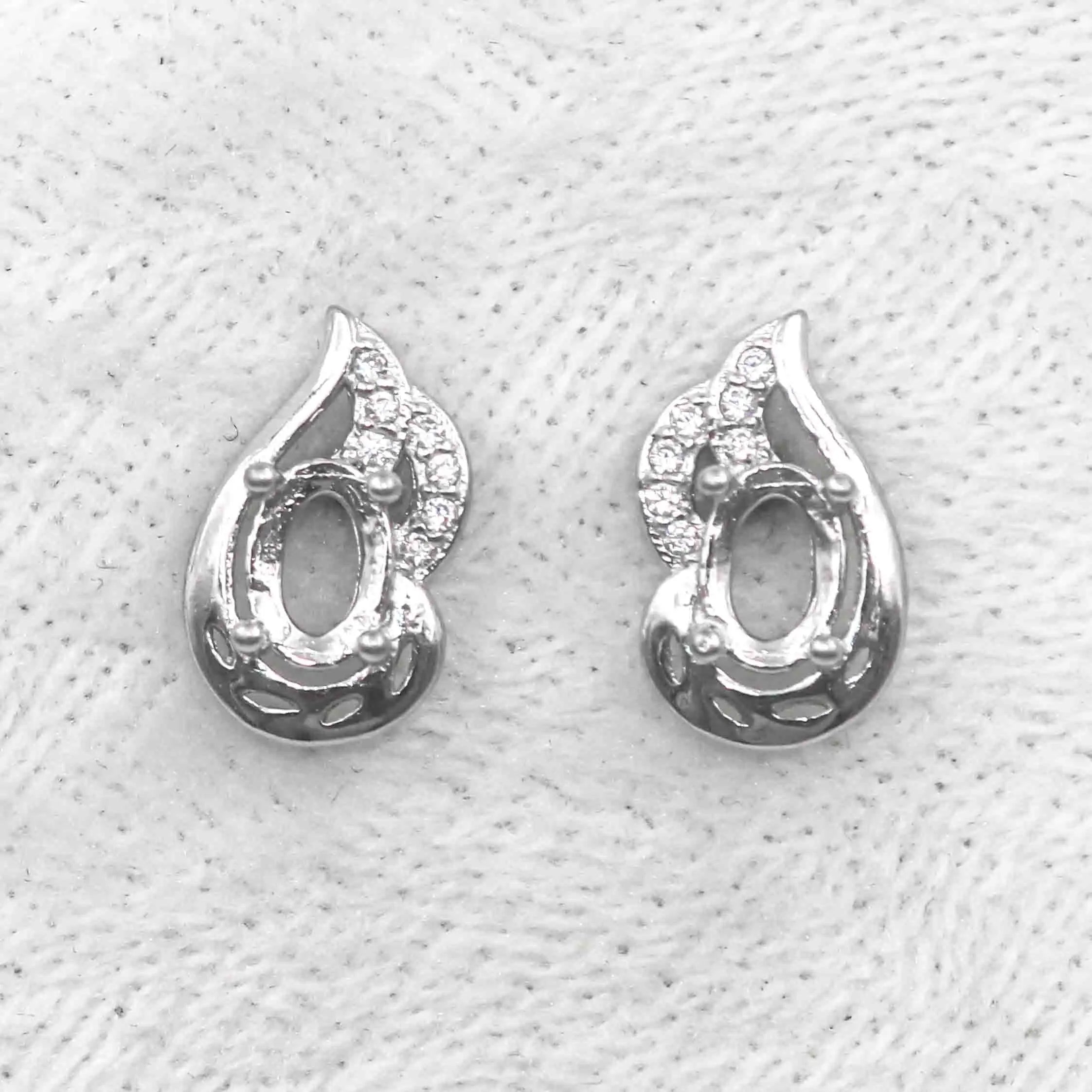 Sterling Silver 4*6mm Semi Mount Stud Earrings Empty Frame Support Blank Setting S925 Base Without Center Stone for DIY Inlay