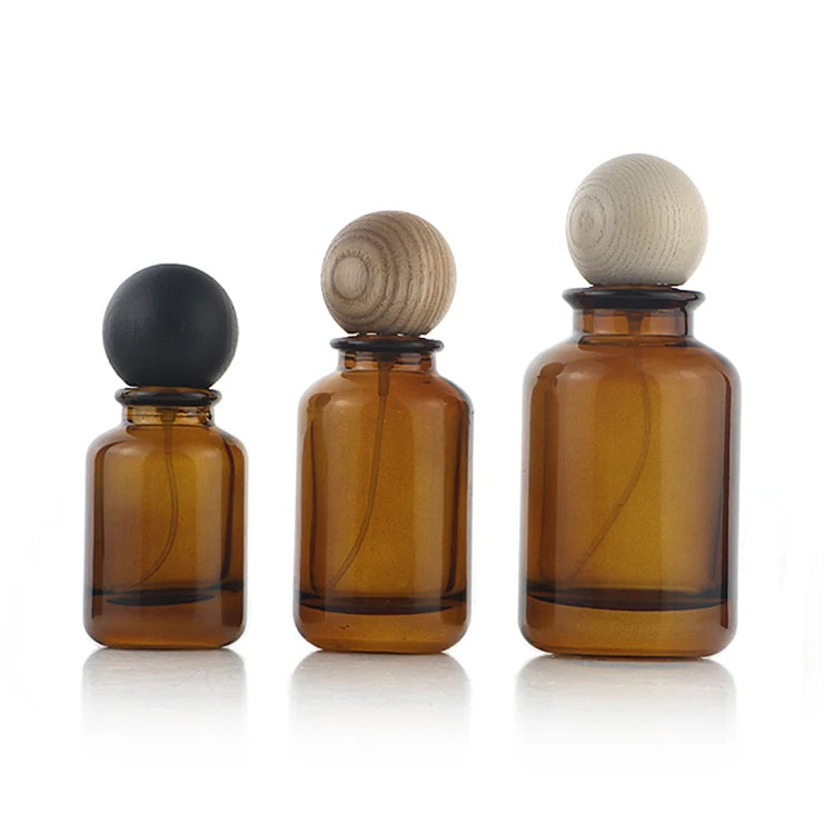 Wholesale Perfume Packaging Bottle 30ml 50ml 100ml Brown Crimp Glass Bottle with Marble Stone Ball Lid for Woman