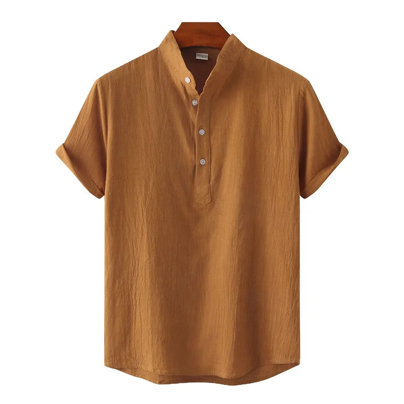 Liu Ming Fashion Wholesale Summer Men Clothing Casual Solid Color Cotton Linen Short Sleeve Shirts Tops