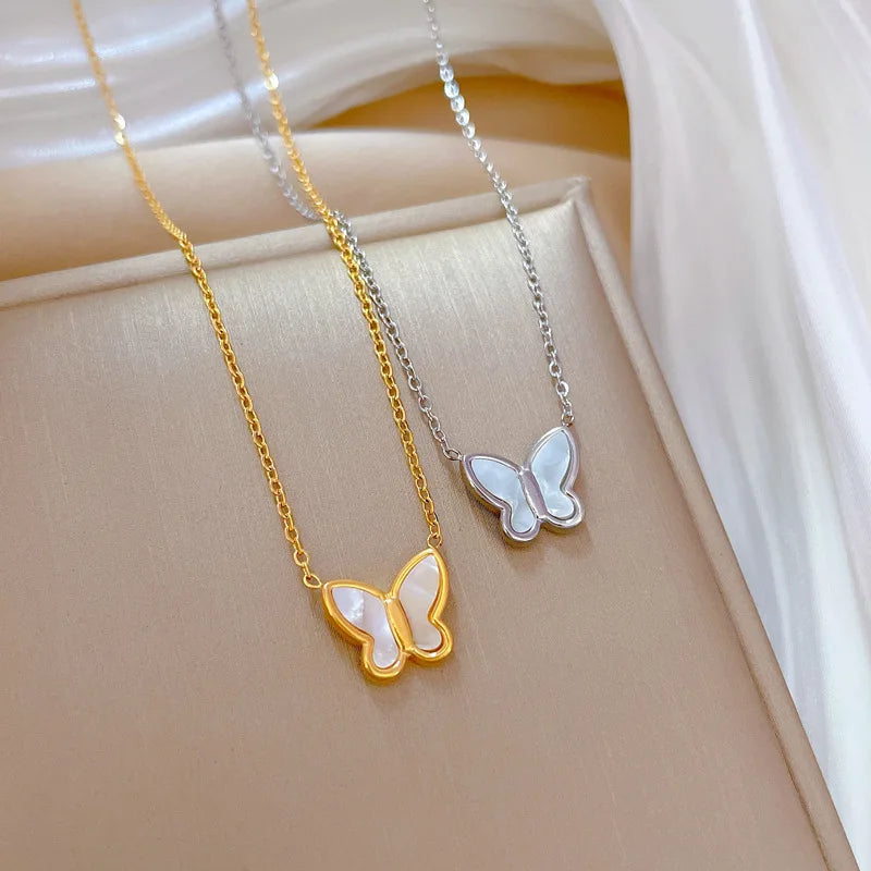 Chic White Shell Butterfly Link Chain Necklace Gold Plated Stainless Steel Choker for Women's Weddings or Gifts