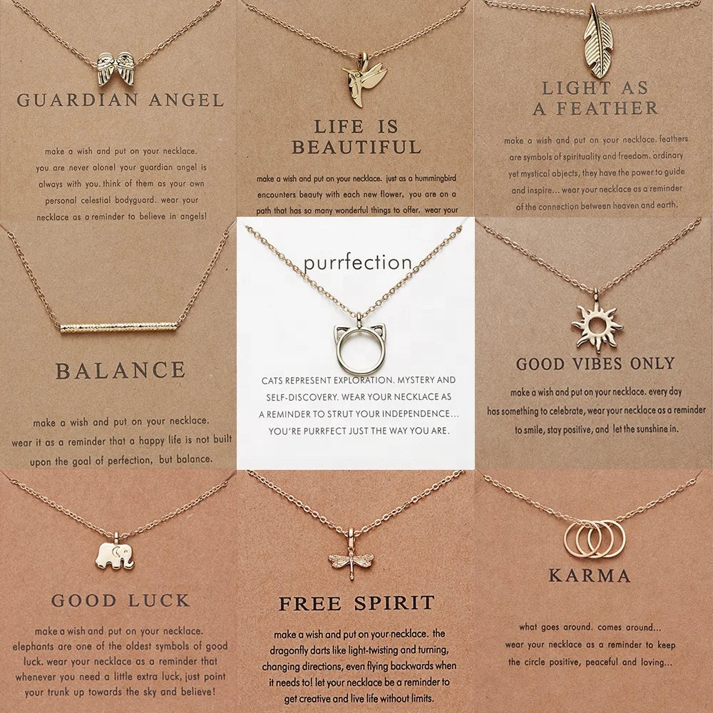 Trendy Make a Wish Card Gold Plated Owl Feather Cat Elephant Dragonfly Wing Unicorn Butterfly Pendant Women Necklace Jewelry
