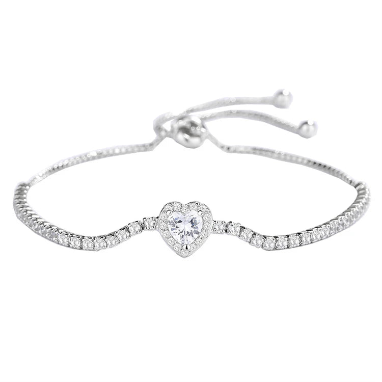 Fine Jewelry Cubic Zirconia Heart Love Charm Bracelet 925 Sterling Silver Adjustable Tennis Chain Bracelet for Women
