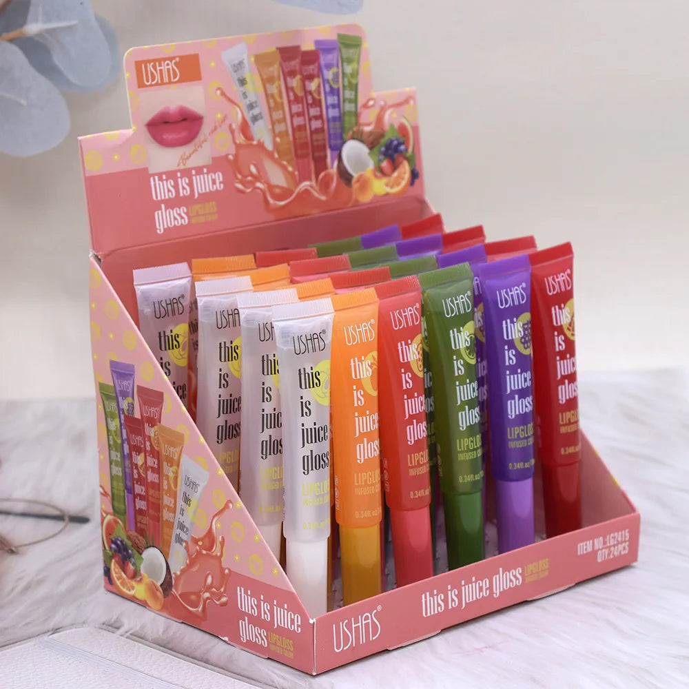 24pcs / Box USHAS Fruity Juice Transparent Lip Gloss clear Liquid Lipstick Fruit Lip Oil Lip Glaze With Display Box