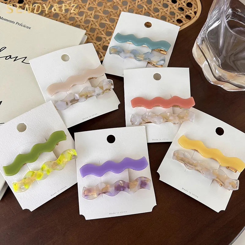 Sweet Cute Women 6.3cm Acetate HairPins 2pcs/set Solid Color Geometric Wavy Duckbill Hair Clip Ladies Headdress