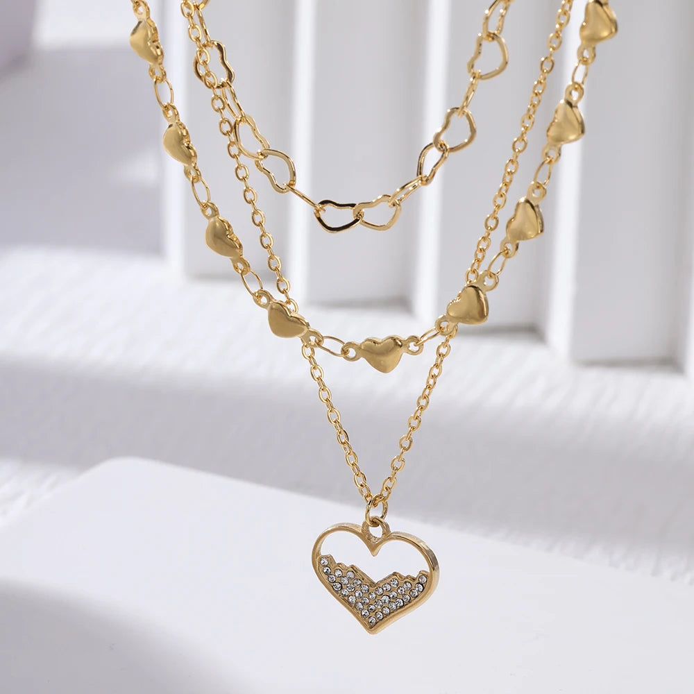New Three Layer Romantic Heart Charm Necklace Women PVD Gold Customized Chains Crystal Inlaid Tarnish Free Pedant Lucky Necklace