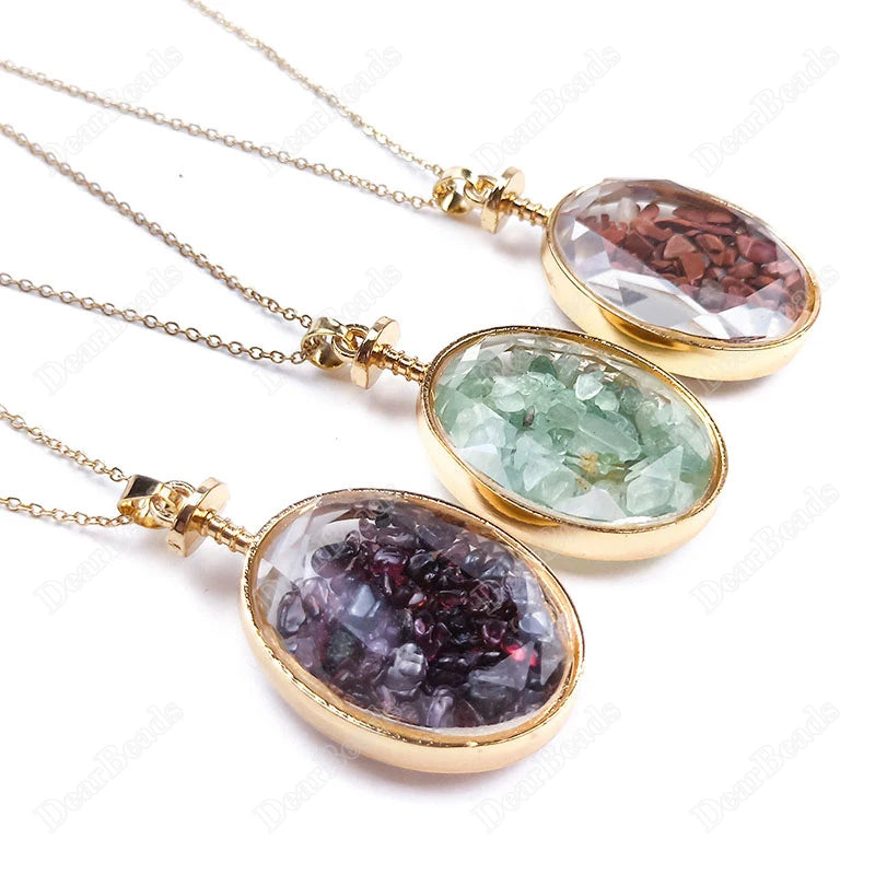 Healing Crystal Wishing Bottle Natural Stone Chip Bottle Pendant for Necklace Transparent Faceted Oval Glass Bottle Necklace