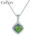 CZCITY 925 Sterling Silver Necklaces for Women Fine Jewellery Link Chain and Square Fire Opal Pendant Necklace