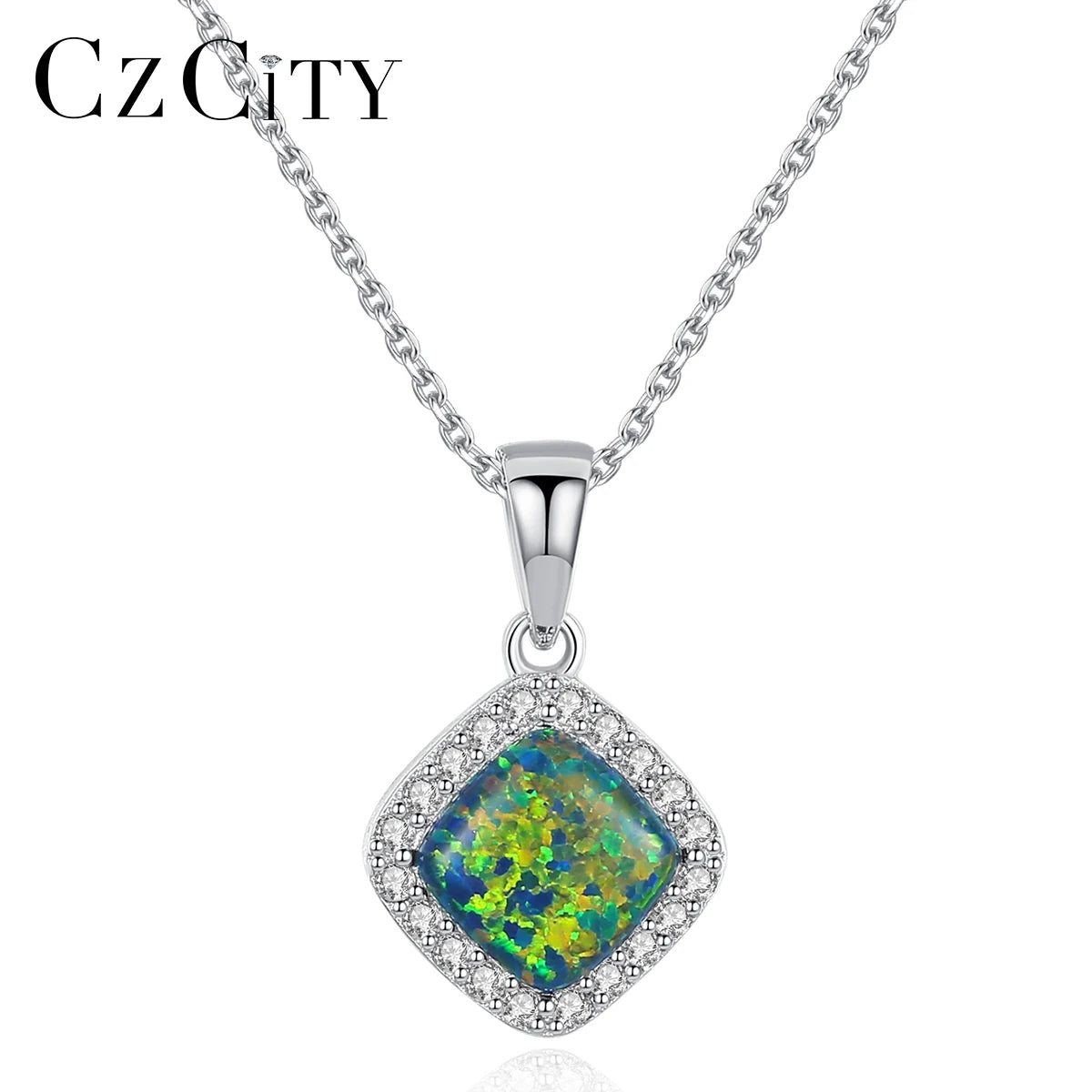 CZCITY 925 Sterling Silver Necklaces for Women Fine Jewellery Link Chain and Square Fire Opal Pendant Necklace