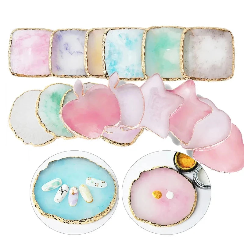 Natural Resin Agate Stone Nail Art Palette False Nail Tips Mixing Color Drawing Pallet Gel Polish Display Shelf Manicure Tools