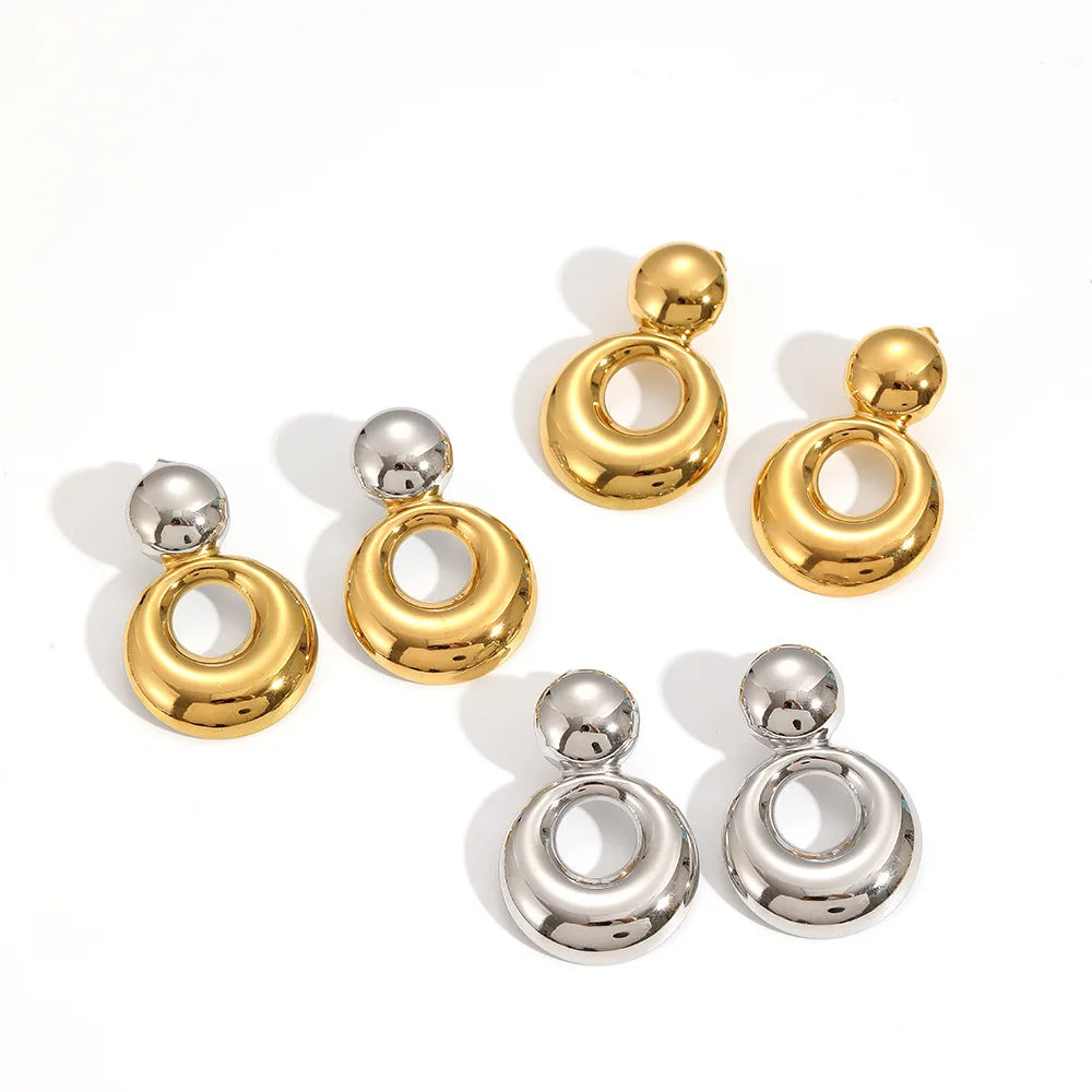 Fashion Stainless Steel Waterproof Women Jewelry 18k Gold Plated Double Ring Hollow Two Tone Earrings YF6304