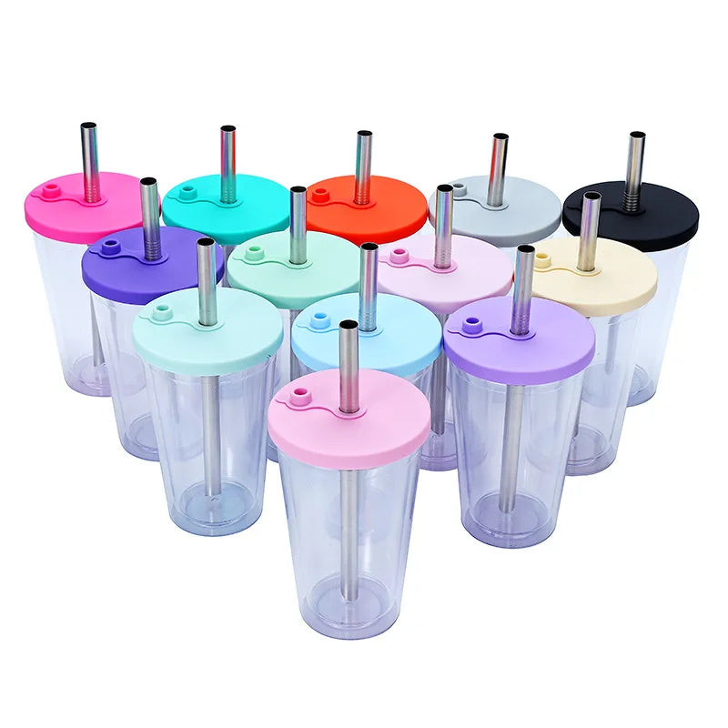 Wholesale 16Oz Transparent PS Plastic Cups Milk Tea Pearl Cup Skinny Double Wall Tumblers with Lid and Stainless Steel Suction