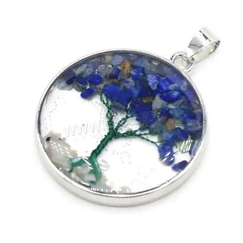 Unisex Flat Round Tree of Life Design Natural Lapis Lazuli Pendants Resin Shell & Brass Plated Blue 1548025