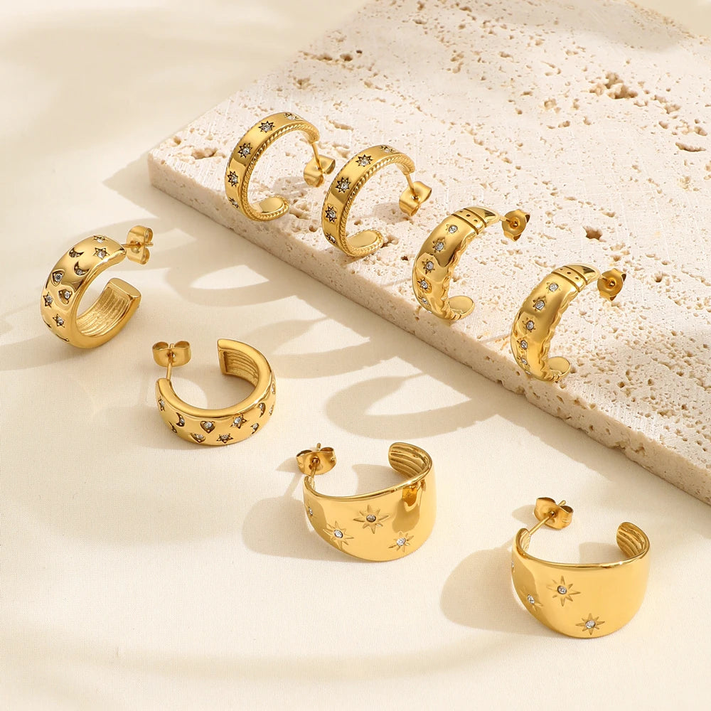 French Fashion 18K Gold Plated 316L Stainless Steel Earrings for Women Moon Star Gemstone Waterproof Hoop Huggie Trendy Gift