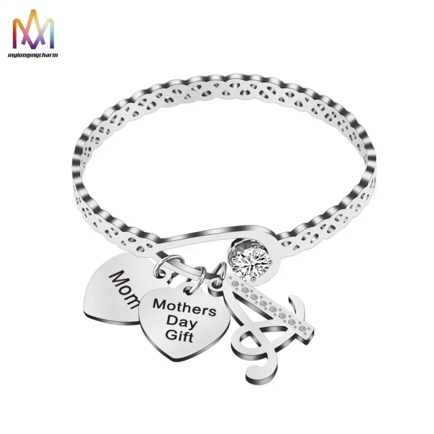 Custom Hot Selling Clasp and Diamond Letter Bracelet Heart Pendants Stainless Steel Bracelets for Mom Mother'S Day Gift
