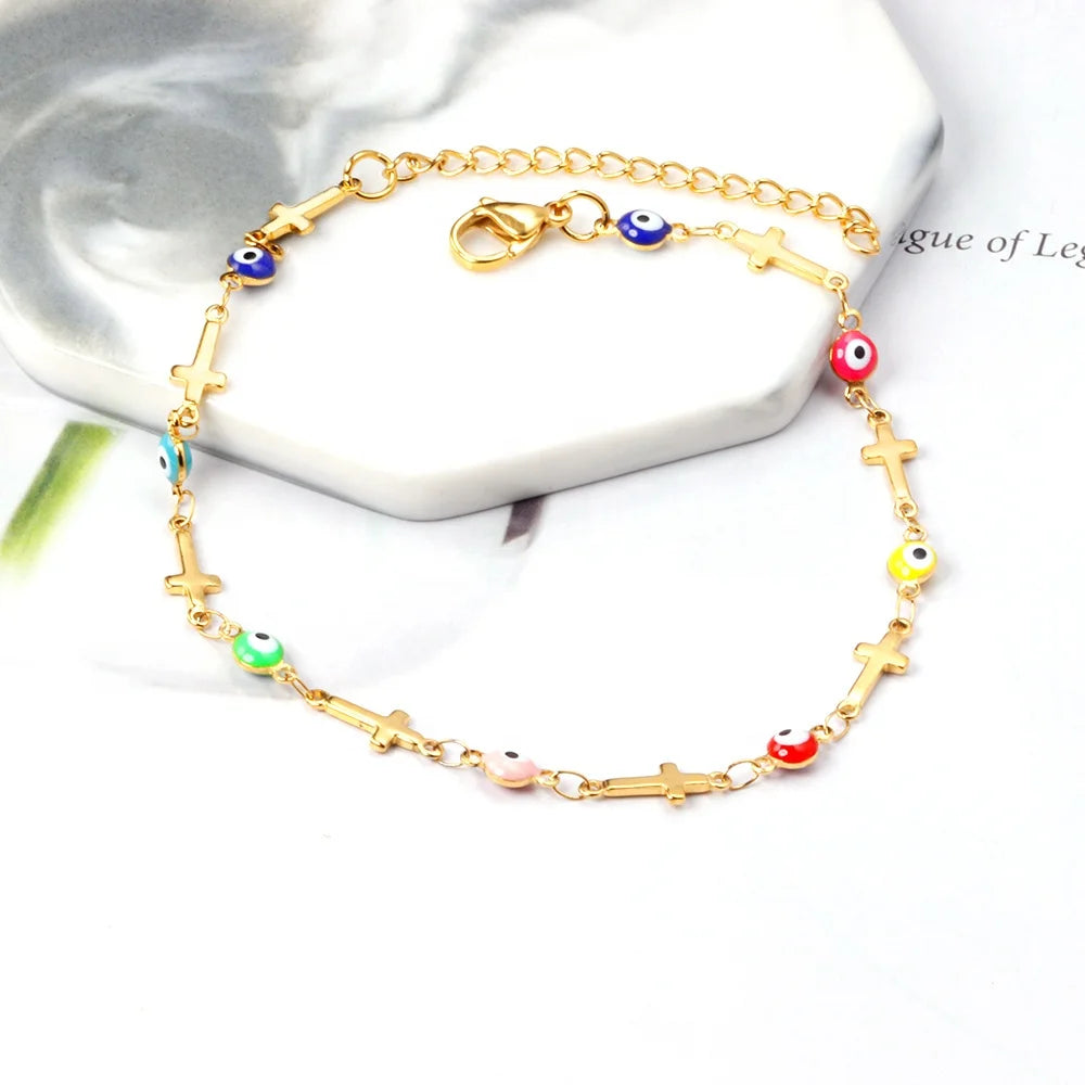 Ason Fashion Hot Selling Jewelry Heart Cross 18k Gold Plated Stainless Steel Anklet Colorful Evil Eyes Adjustable AnkletGift