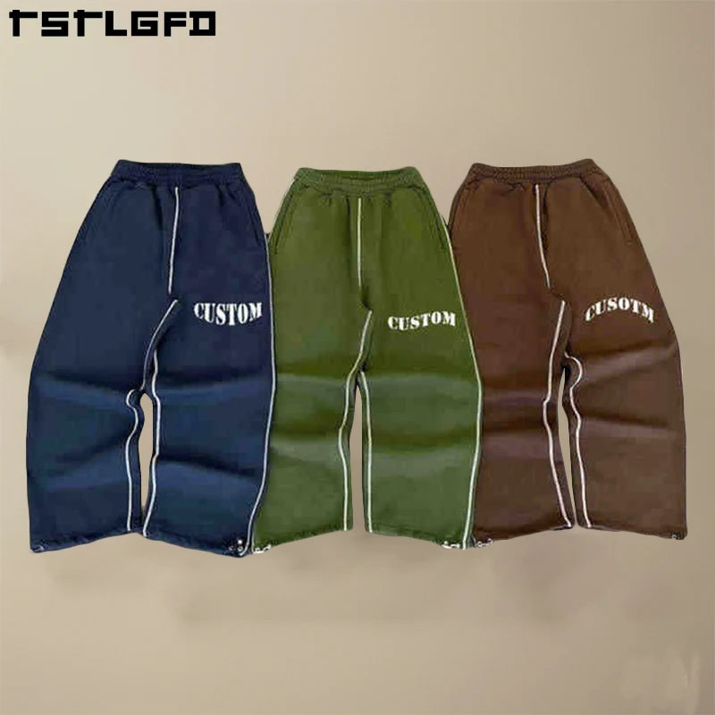 Wholesale Custom Logo Streetwear Causal Cotton Oversize 450gsm Baggy Jogging Wide Leg Stacked Striped Piping Sweatpants Men