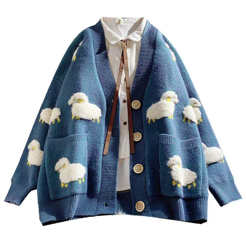 2023 Winter New 100% Polyester Breathable Preppy Style Loose Streetwear Cute Cartoon Print V Neck Knit Women Cardigan Sweater