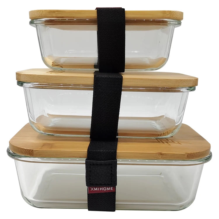 Eco Friendly Food Storage Containers Boxes Lunch Glass Set With Bamboo Lids