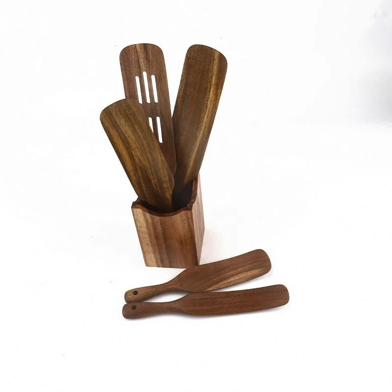 2023 Hot Selling Reasonable 5pc Wood Utensils with Holder Price Kitchen Stuff Set Cooking Tool Accessories