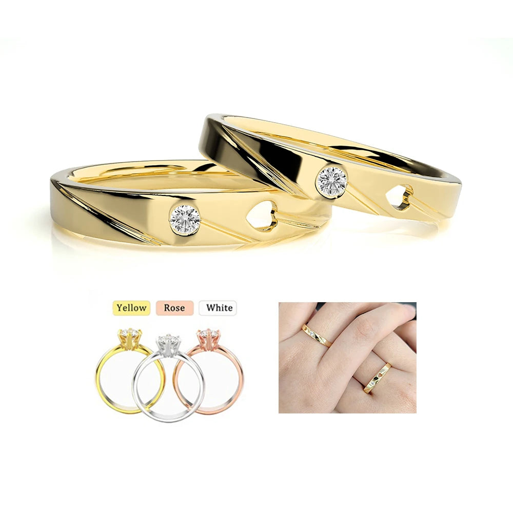 Abiding Hollow Heart Design Single Diamond Couple Ring Gold Plated Silver 925 Eternity Band Jewelry Lover Ring for Men and Women