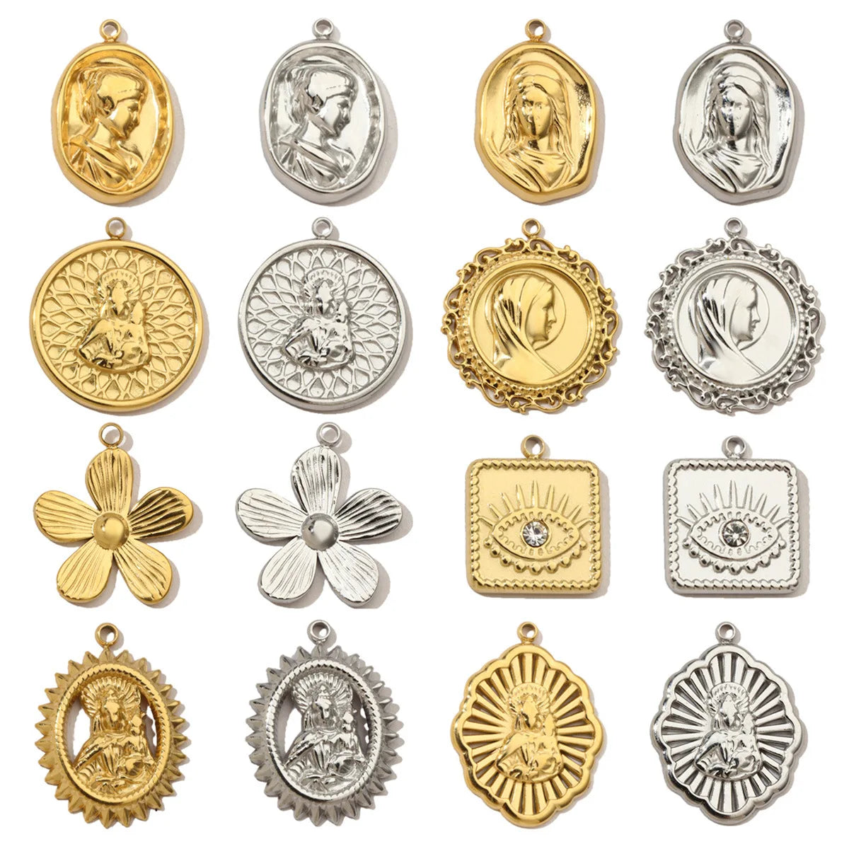 Beimai OEM Accessories Eye Flower Round Stainless Steel Madonna Medallion Religious Charms for Jewelry Making Necklace Pendant