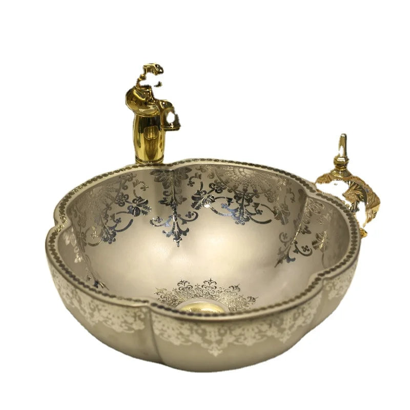 Luxurious Silver Embossed Art Basin Sink Counter Top Bathroom Sink Ceramic Hand Wash Basin Dinning Room Fancy Bathroom Sinks