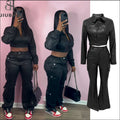 2024 Long Sleeve Jacket Flare Pant Bulk Items Wholesale Lots Sexy Y2k PU Leather 2 Piece Set Women Outfits